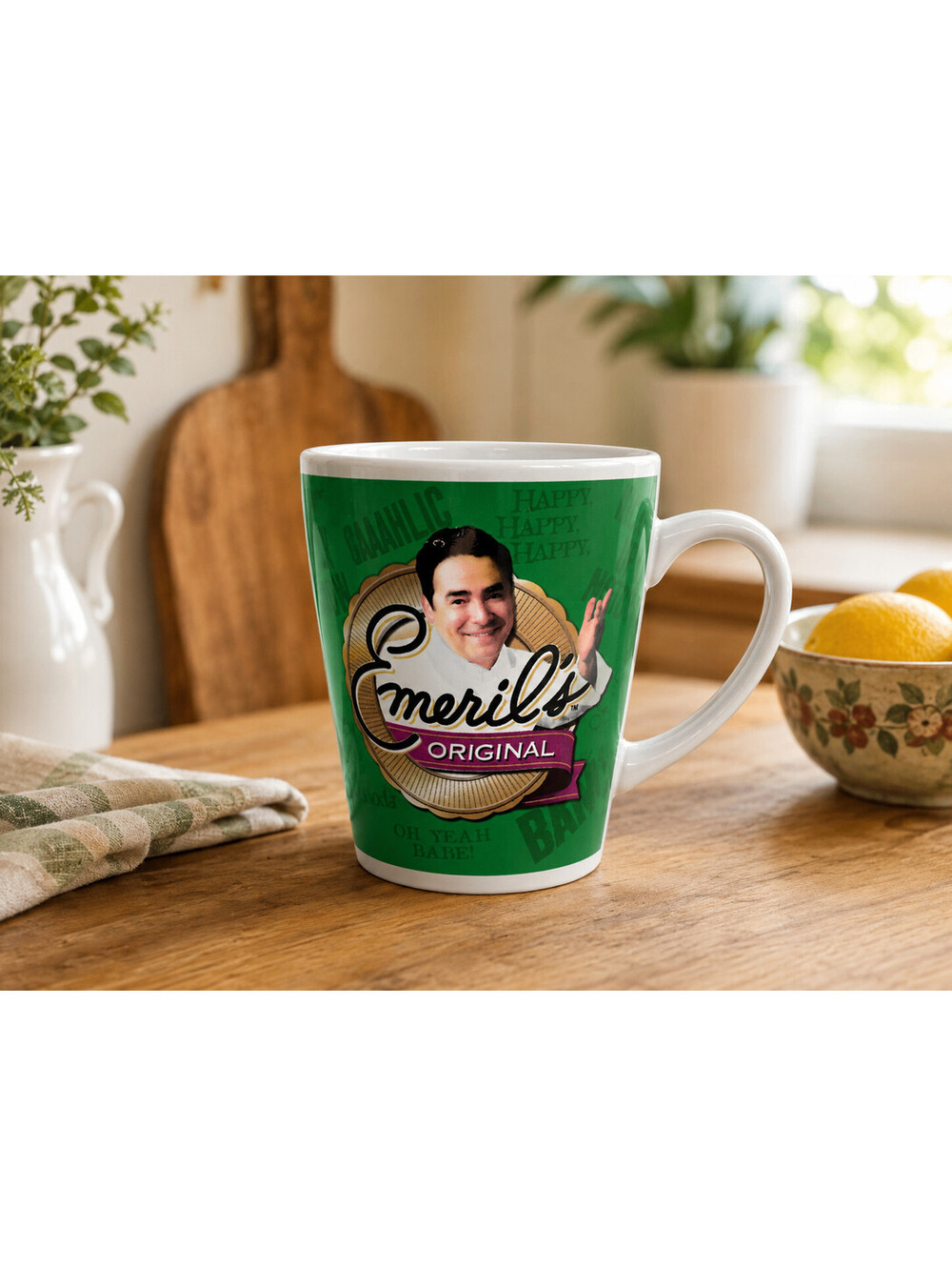 Vintage Y2K Emeril Lagasse BAM! Coffee Mug Green White Ceramic Chef Quotes